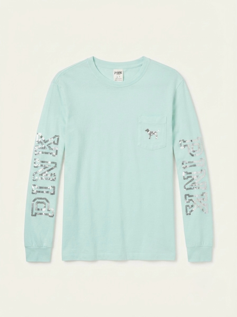 PINK Victoria's Secret Mint Sequin Logo Long-Sleeve Pocket Tee